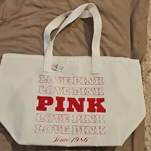 PINK Victoria's Secret White Tote with Red Logo Text